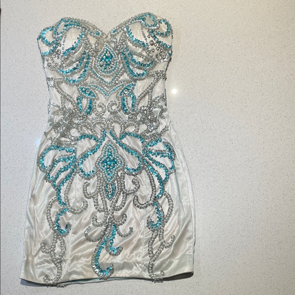 Elegant Strapless White and Blue Embellished Dress